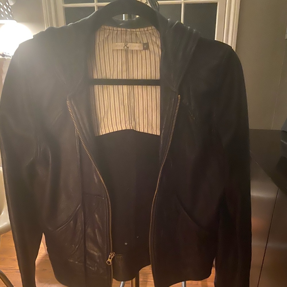 Mike & Chris Black Leather Jacket with Hood